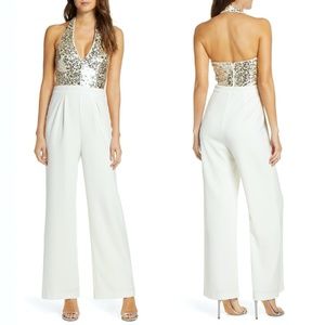 Vince Camuto Ivory Sequin & Crepe Halter Jumpsuit